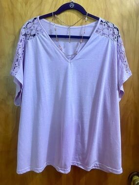 SHEIN Lavender V-Neck Short Sleeve Top with Lace Shoulders